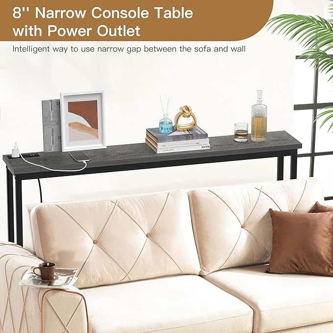 35'' High Behind Couch Table, Narrow Console Table with Outlet, Sofa Table for Entryway Hallway, Living Room, Black, Grey