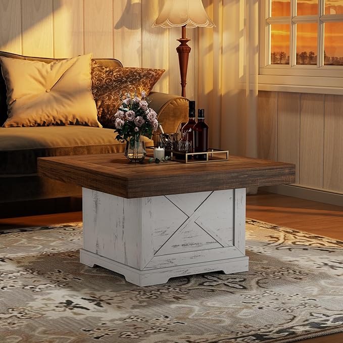 Coffee Table 31.5 in Farmhouse Center Table with X Design Wooden Pedestal for Living Room, Small Square Home Office Tea Accent Table for Dining Room Apartment, Antique White