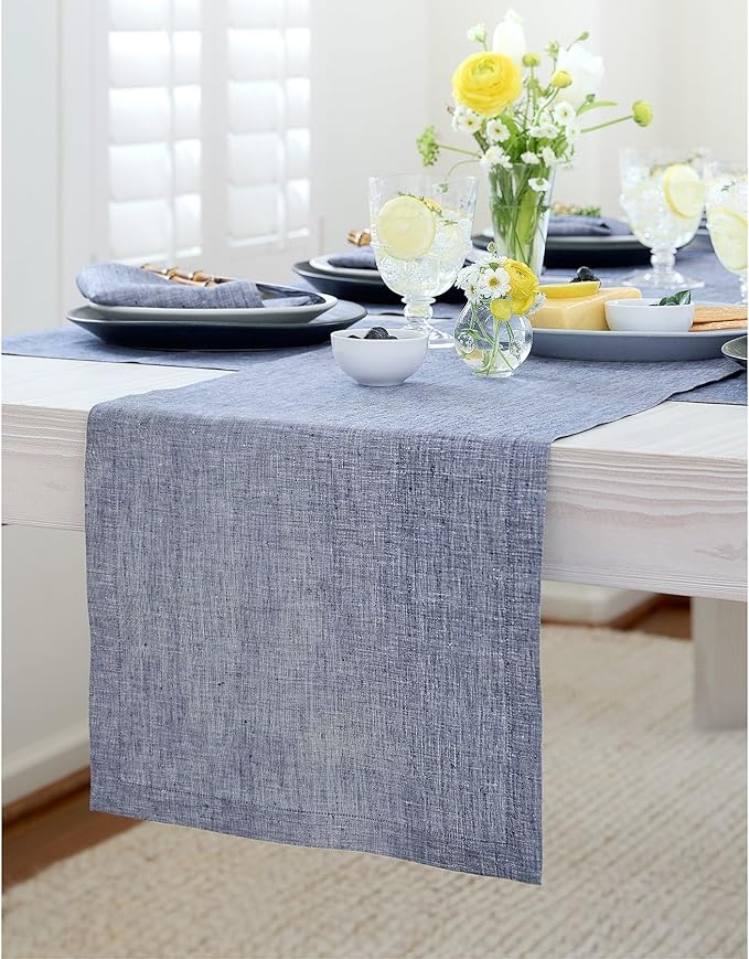 Solino Home Linen Small Table Runner 48 Inches - Athena, 100% Pure Linen Chambray Indigo Table Runner 14 x 48 Inch Ideal for Dresser and Coffee Tables - Christmas, Holiday