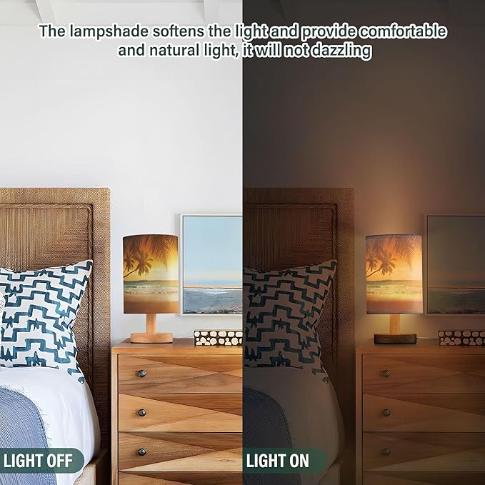 Table Lamp Pretty Sunset Ocean Beach with Palm Tree Caribbean Sea Nightstand Lamp with Wood Base Fabric Lamp Shade Bedside Desk Lamp for Living Room Bedroom Kids Room Office