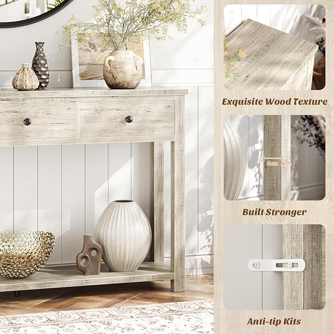 Homieasy Farmhouse Console Table with 2 Drawers, 32 Inch Small Sofa Table with Storage Shelf for Living Room, Behind Couch, Entryway Table for Hallway, Living Room, or Foyer, Light Rustic Oak