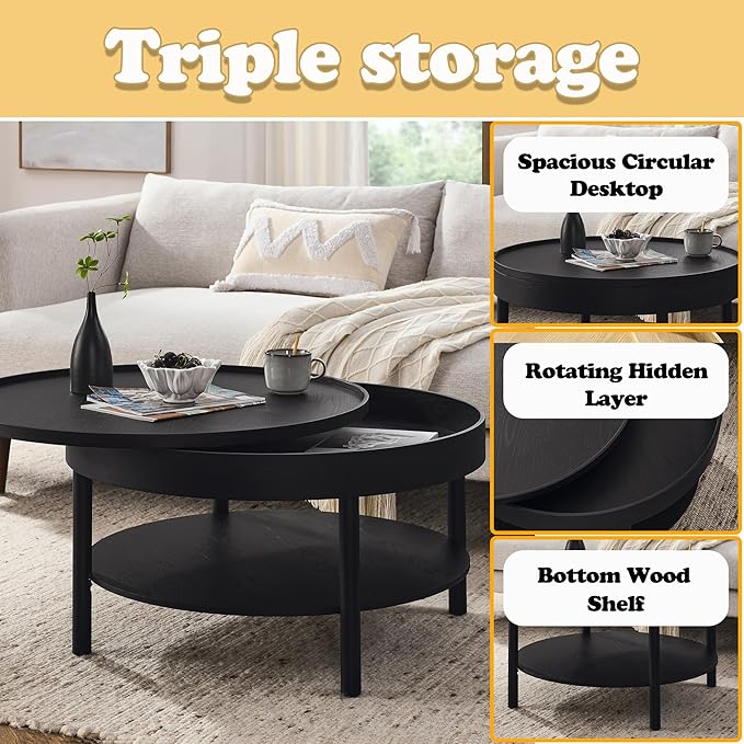 Circular Coffee Table, Living Room Table with 3-Layer 31.5 Inch Storage Rotating Tabletop, 3-Layer Tea Table Made Entirely of Rubber Wood and MDF Board (Black, 31.5"x31.5"x17.75)