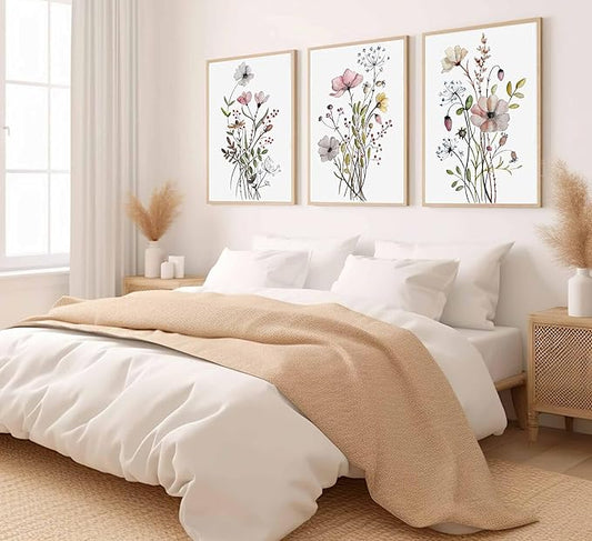 3Pcs Watercolor Wildflower Canvas Wall Art Modern Minimalist Colorful Botanical Floral Painting Pictures Wall Decor Flower Posters Print Artwork for Living Room Bedroom Home Decoration Unframed