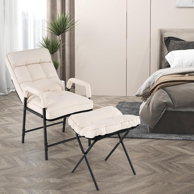 Giantex Modern Accent Chair with Ottoman, Upholstered Arm Chair with Adjustable Backrest & Solid Metal Frame, Linen Fabric Single Sofa Chair and Footrest Set for Bedroom, Living Room (Beige)