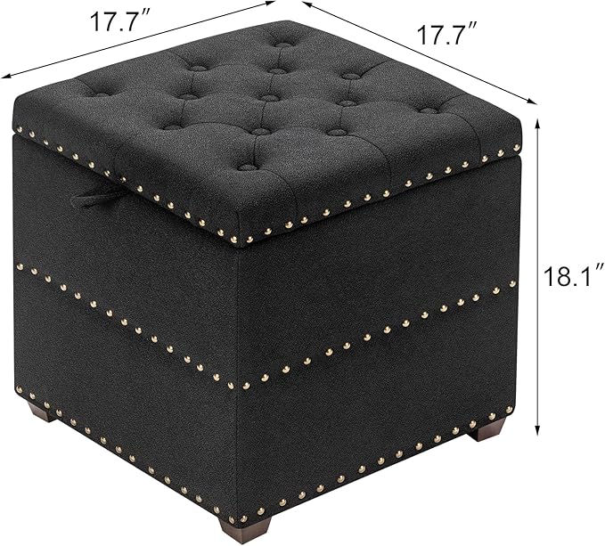 Adeco 18" Black Square Storage Ottoman with Tray, Small Cube Ottoman Coffee Table with Decorative Fashion Paris Nails, Dorm Room, Bedroom, or Living Room