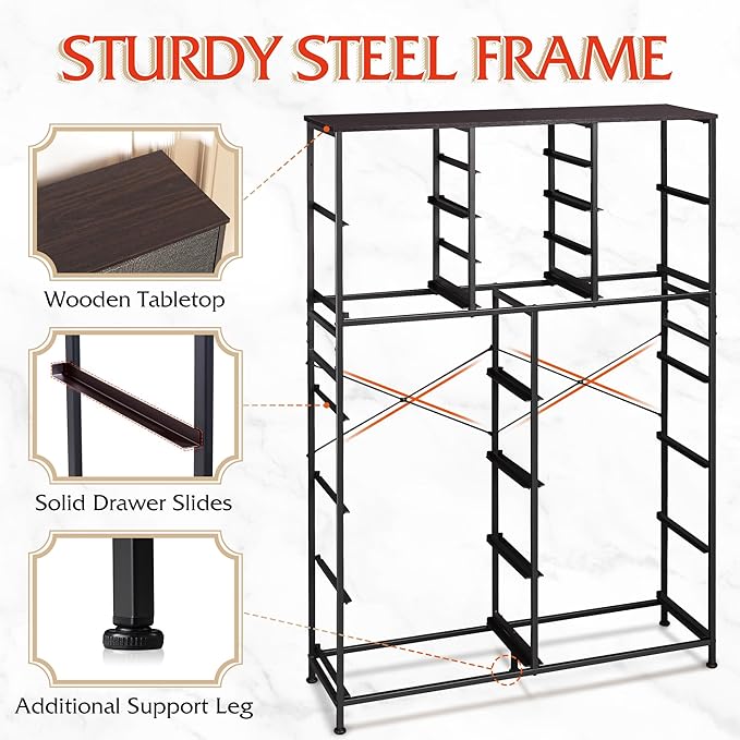 Tall Console Table with 16 Fabric Drawers, Entryway Table with Storage, Large Storage Organizer with Wood Top, Steel Frame for Living Room, Hallway, Office, Dark Grey