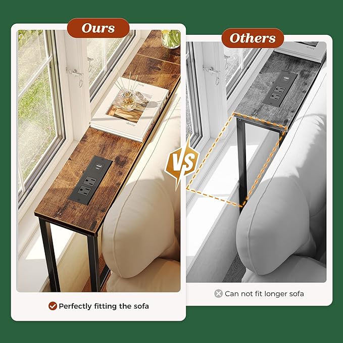 SUPERJARE 102.4 Inch Sofa Table with Power Outlets and USB-C Ports, 5.9 Inch Narrow Console Tables, Entryway Hallway Couch Tables with Storage, Behind Sofa, Small Spaces, Living Room, Rusitc Brown