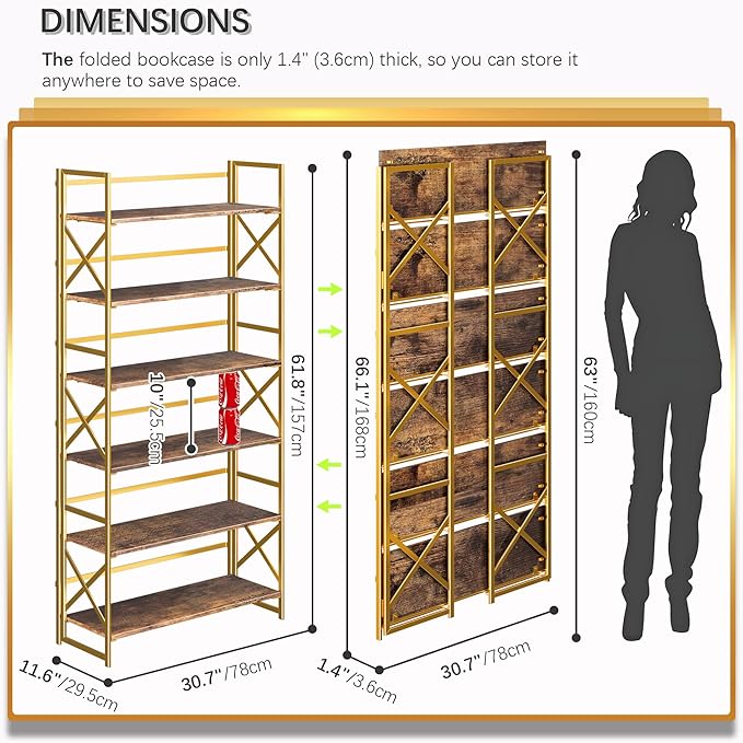 4NM Extra Wide 6 Tiers No Assembly Book Shelves, 61.8" H Folding Bookshelf Bookcase Open Industrial Foldable Shelves for Bedroom, Living Room, Home Office - Rustic Brown Gold