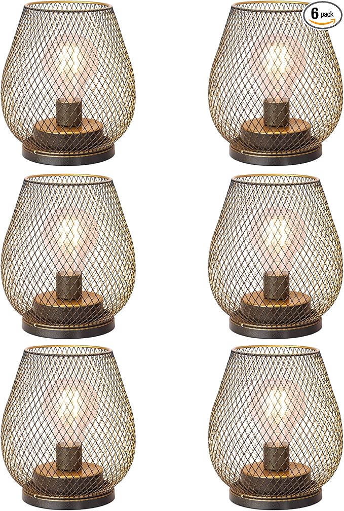 NEEDOMO Set of 6 Battery Operated Lamp Outdoor Table Lantern, LED Metal Cage with Timer Mode, Vintage Decorative Lights Cordless Lamp Indoor Outdoor Patio Bedroom Living Room (Golden)