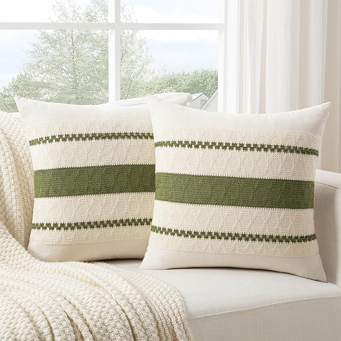 Fancy Homi Set of 2 Boho Moss Green Decorative Throw Pillow Cover 22x22 Inch for Couch Bed Sofa, Aesthetic Modern Organic Farmhouse Home Decor, Soft Cotton Cute Accent Macrame Woven Cushion Case