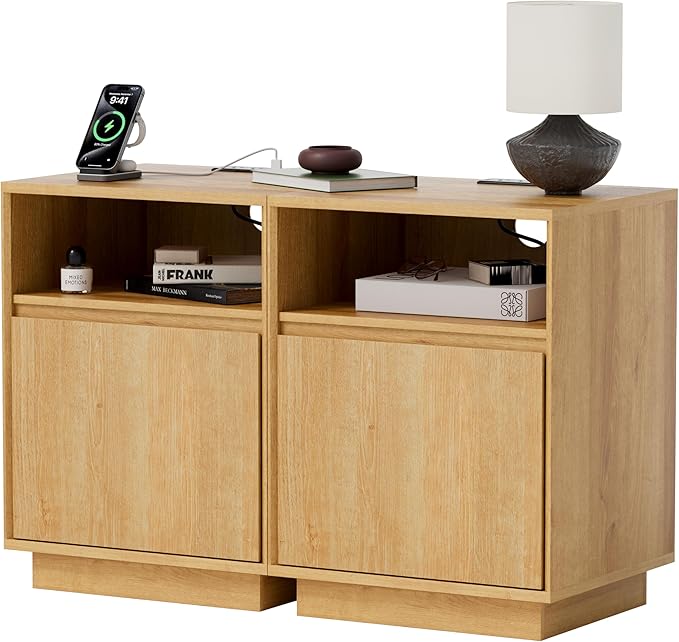 Farmhouse Night Stand Set of 2, Wood End Table with Door & Charging Station, Bedside End Tables for Bedroom, Sofa, Natural Oak