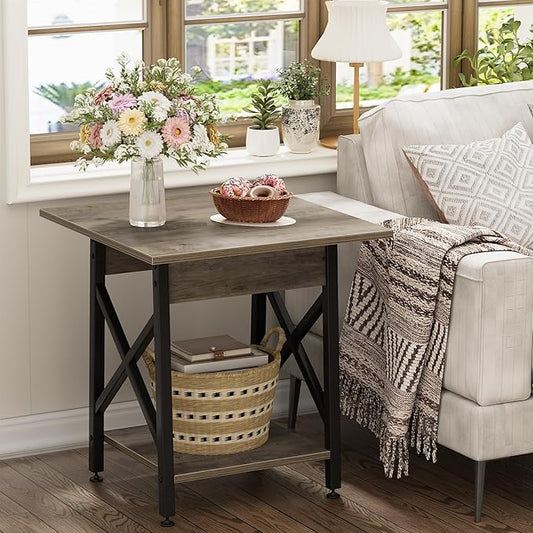 GreenForest End Table 24 inch for Living Room, Large Square Side Tables with X-Frame, Tall Industrial Bedside Nightstand with 2-Tier Storage, Gray Wash