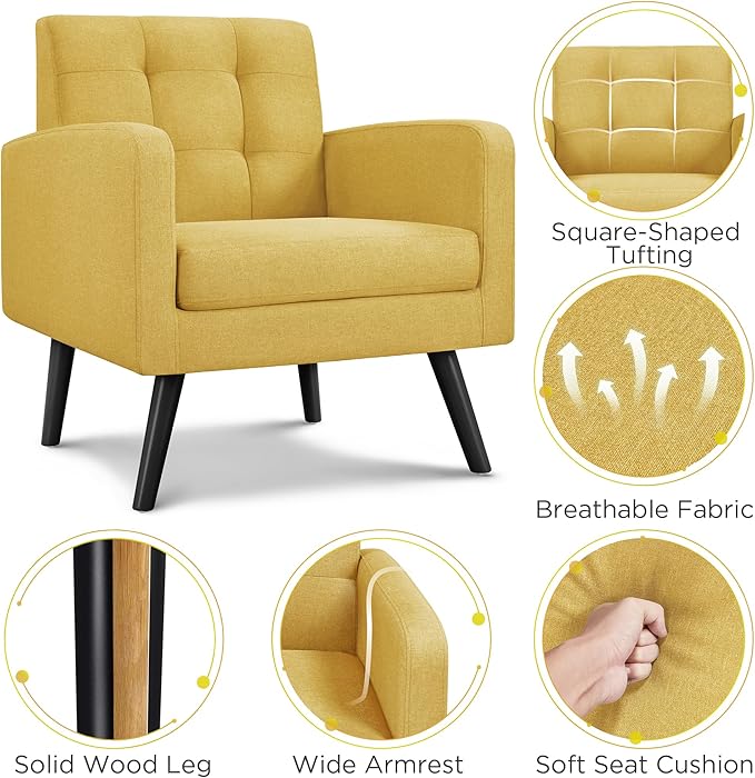 Yaheetech Mid-Century Accent Chairs, Modern Upholstered Living Room Chair, Cozy Armchair Button Tufted Back and Wood Legs for Bedroom/Office/Cafe, Yellow