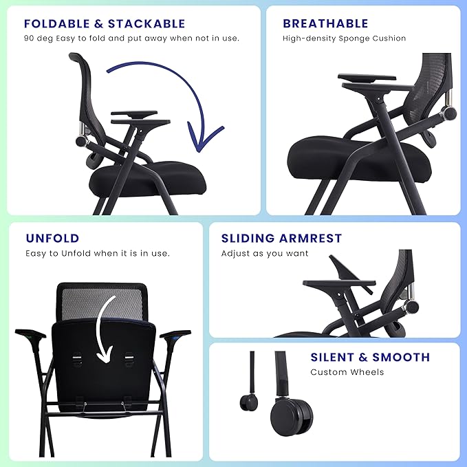 PRO, Stackable & Foldable Conference Room Chairs with 2X Thick Cushion, Lumbar Support, Armrest - Mesh Bouncing Back for Office Meeting, Conference, Training Room Chair 1 Pack