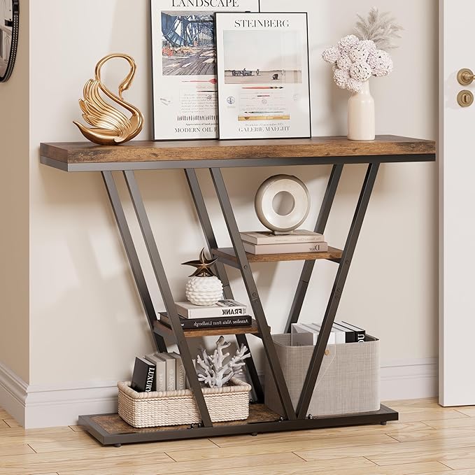 POZILAN 41.3" Console Table for Entryway, 4-Tier Sofa Entryway Table, Narrow Side Tables with Storage Shelves, Farmhouse Accent Hallway Tables for Living Room, Foyer, Entrance, Rustic Brown