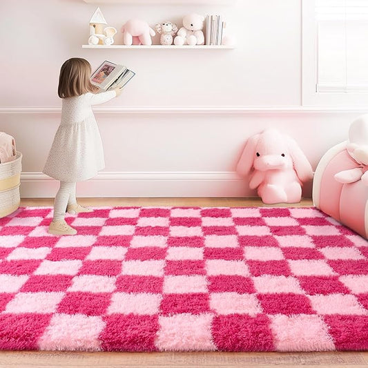 Checkered Rugs for Bedroom, 4x6 Ultra Fluffy Fuzzy Shag Area Rug for Living Room, Modern Plush Soft Upgrade Non-Slip Carpet for Girls and Kids Room Dorm Nursery Home Decor, Pink and Hot Pink