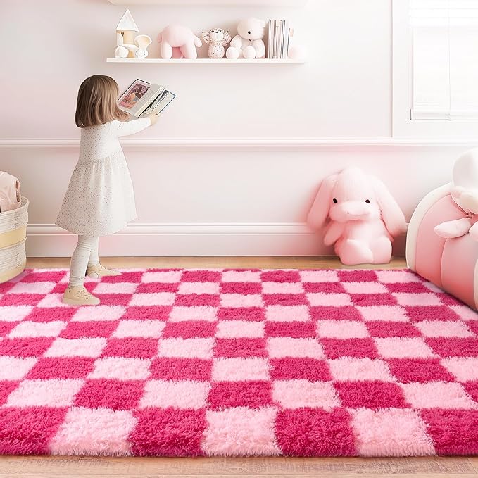 Checkered Rug for Living Room 8x10, Ultra Fluffy Fuzzy Shag Large Area Rug for Bedroom, Modern Plush Soft Upgrade Non-Slip Carpet for Kids and Girls Room Dorm Home Decor, Pink and Hot Pink