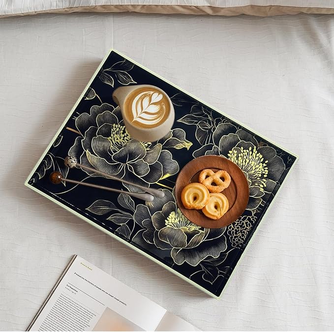 Serving Tray with Handles, 15.7 * 11.8 inches, Plastic Ottoman Tray with Exquisite Paintings, Trays for Coffee Table