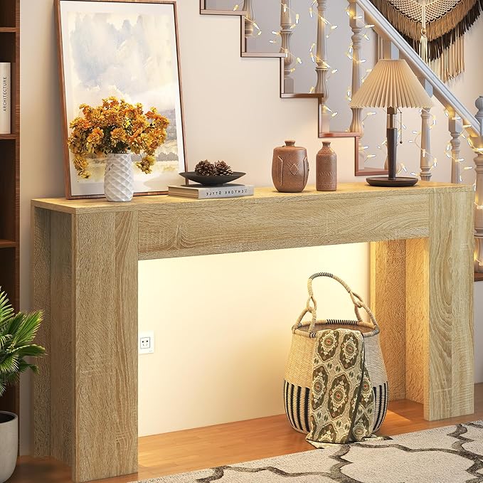 63-Inch Long Console Table with LED Light, Farmhouse Sofa Table Behind Couch, Wooden Console Table for Entryway Hallway Entrance Living Room, Nature