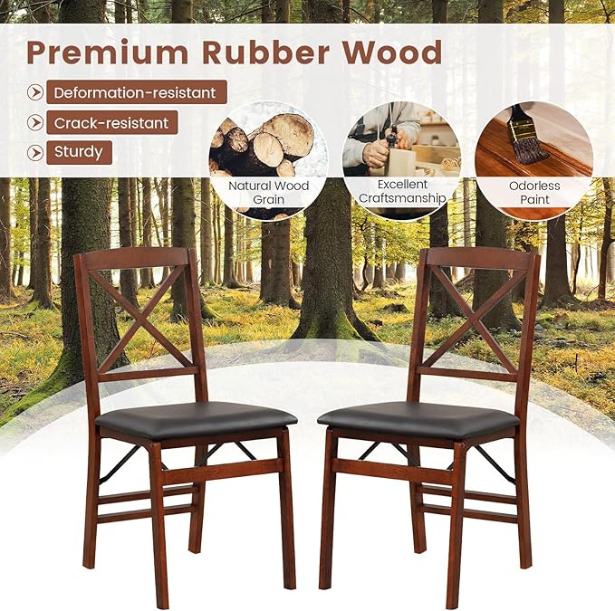 Folding Chairs Set 2, Wooden Foldable No Assembly Chair-Set with Padded Seats, Solid Wood Frame, 400 lbs Weight Capacity, Space Saving Dining Chairs for Small Space, Guests Kitchen (2, X-Shaped Back)
