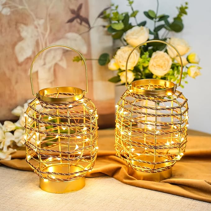 Set of 2 Battery Operated Table Lamp 7.7 "H Metal Cage LED Cordless Lamp with 6-Hour Timer, Vintage Decorative Fairy Lights Lantern for Indoor/Outdoor Bedrooms Weddings Parties Patio Events
