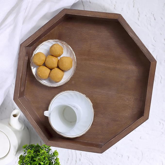 12" Rustic Wooden Serving Tray - Decorative Wood Serving Tray with Handles for Coffee Table, Breakfast in Bed, Food Dinner, Rustic Octagonal Tray (Walnut) - CLEENTABLE