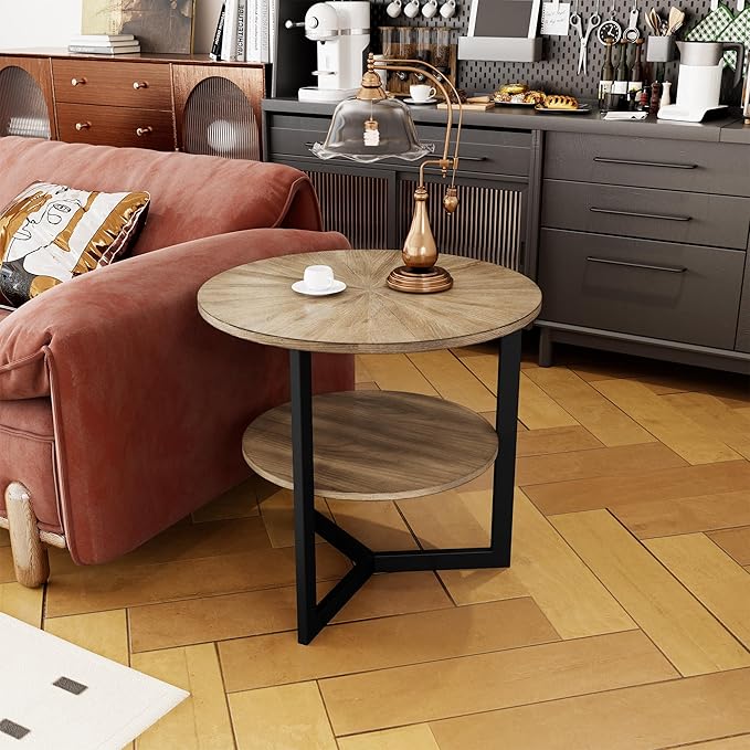 LEEMTORIG Round Side Table, Large 2-Tier End Table Nightstand with Metal Legs, Modern Bedside Couch Table for Living Room, Bedroom, Office, Rustic Natural/Black, 25.2 x 25.2 x 24 inches CJZ-1338