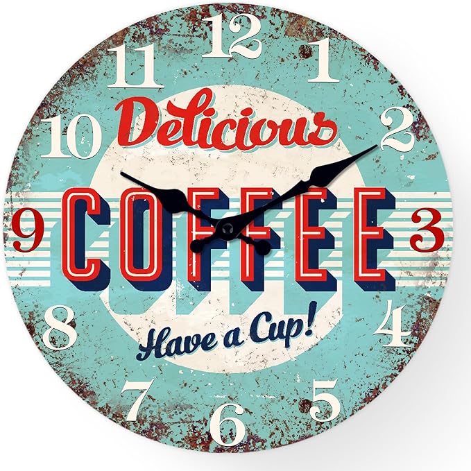 XFM Kitchen Wall Clock 16 inch Blue Coffee Sign Wall Clocks Battery Operated Silent Non Ticking Rustic Wood Clock for Dining Room Bar Cafes Bedroom