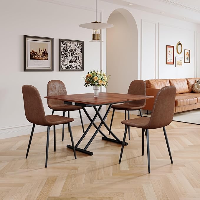 4 in 1 Folding Dining Table with Adjustable Lift Top & Wheels, Multi-Function Coffee Table to Dining Table for Apartments, Kitchens, Living Rooms, Scratch-Resistant & Easy Assembly