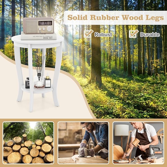 Giantex Round End Tables Set of 2, 2 Tier Side Table with Storage Shelf and Solid Wood Legs, 18" x 18" Accent Table for Corner Small Spaces, Tall Night Stand for Living Room Bedroom, White