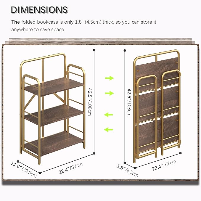 4NM No Assembly Folding Bookshelf, 3 Tiers Collapsible Book Shelves Open Industrial Foldable Storage Bookcase Shelf for Bedroom, Living Room, Home Office - Brown and Gold