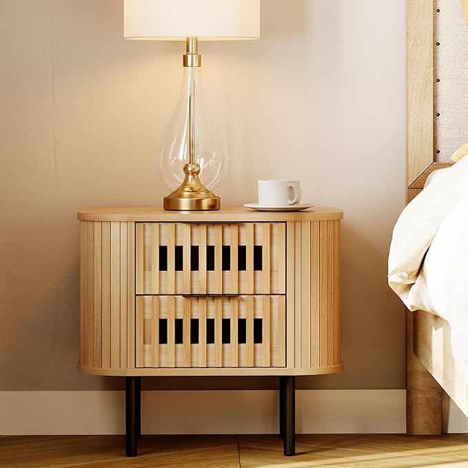 WAMPAT Set of 2 Fluted Nightstands, Modern Wooden End Tables with Drawer, Storage Bedside Table for Bedroom and Living Room, Oak