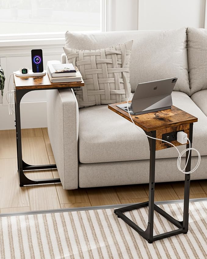 C-Shaped Side Table for Couch - Small Coffee Stand Sofa Tray Desk with Metal Frame Waterproof Scratch Resistant Wood Top and Built-in Charging Station, Rustic Brown