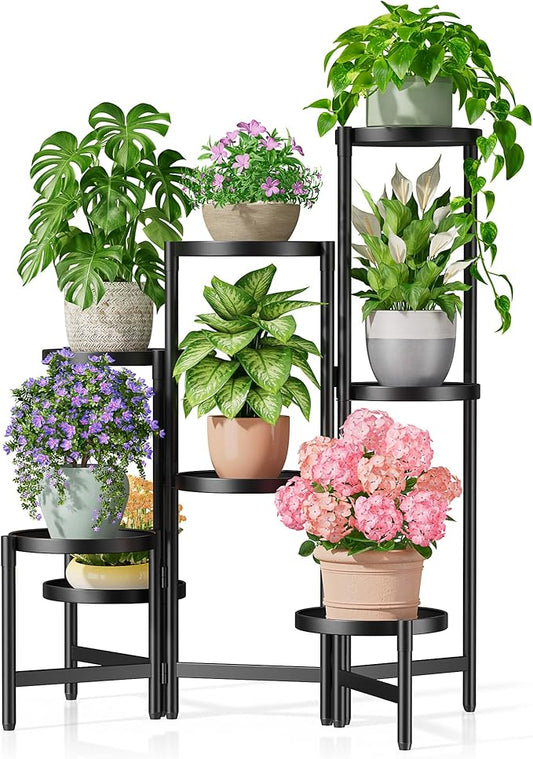 8 Tiered Plant Stand Indoor for Multiple Large Planter, Tall Heavy Duty Adjustable Folding Rack with Rustproof 10 Inch Wide Tray, Plant Shelf for Corner Living Room - BlackDisk