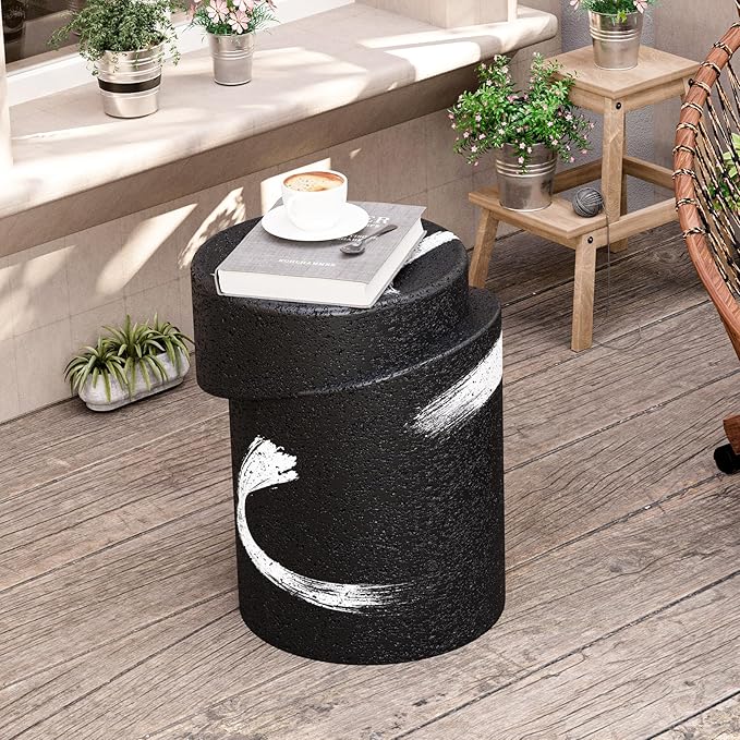 HOMPUS Concrete Outdoor Side Table Set of 2 w Graffiti Round Coffee Table, Home Decor Plant Stand Outdoor Accent Table Patio Drum End Table for Living Room, Bedroom or Balcony, Black & White