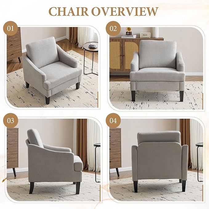 Bezseller Modern Accent Chair, Upholstered Reading Armchair with Wood Legs, Mid-Century Leisure Comfy Single Sofa Chair for Living Room, Bedroom, Home, Office, Light Grey