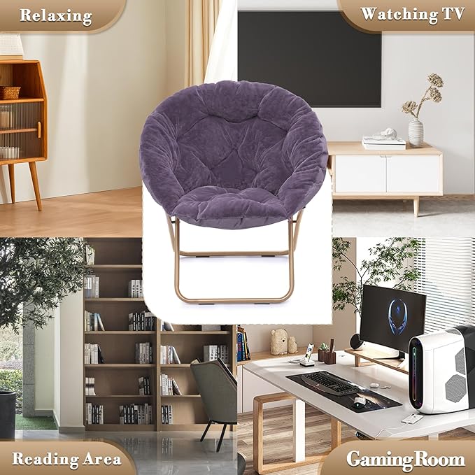 Athena Collection Saucer Chair with Ottoman - Modern Foldable Round Cozy Chair - Purple Faux Fur - 300 lbs Capacity - Ideal for Bedroom, Living Room, Gaming, Reading, Camping