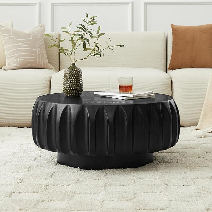 WILLIAMSPACE 31.5" Round Coffee Table with Elegant Sculptural Design, Solid Wood Carved Center Drum Coffee Table Circle End Side Table with Sturdy Base, Black