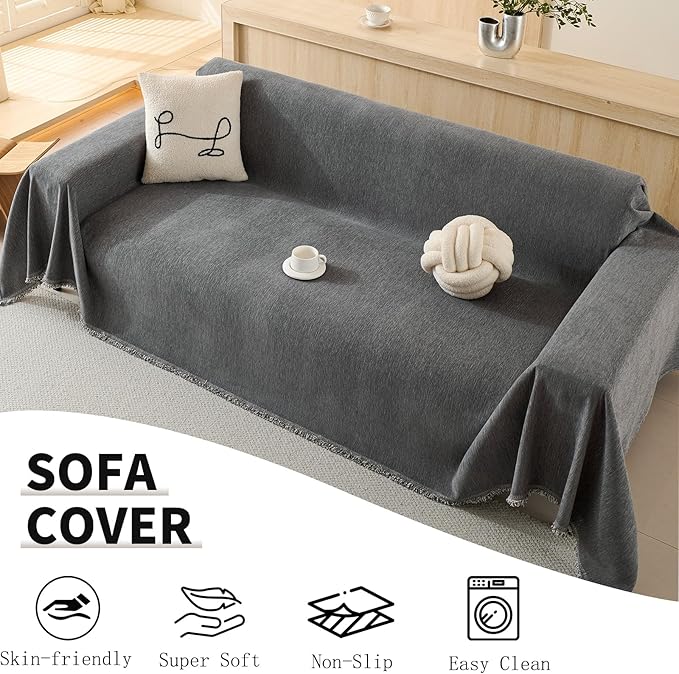 100% Waterproof Couch Cover for Pets Washable Sofa Covers for 3-4 Cushion Couch Sofa SlipCover for Dogs Pet-Friendly Furniture Protector for Living Room with Tassel(71" x 134", Gray)