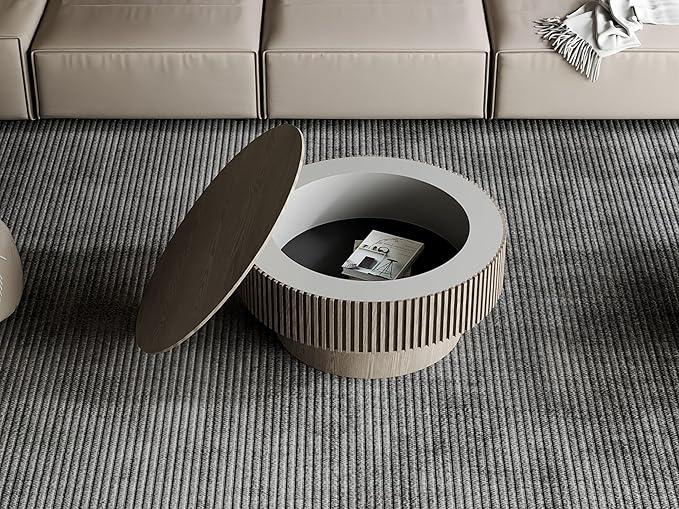 31.5 Inch Round Drum Coffee Table with Storage, Modern Handcraft Fluted Drum Coffee Table, Wooden Round Coffee Table Center Table with Sturdy Pedestal for Living Room Apartment (Grey)