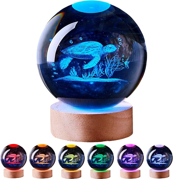 Crystal Ball Lamp with LED Wooden Base, 16 Colors Change & Remote Control Crystal Ball Night Light, Upgraded 3.15 Inch Glass Light, Gift for Kids Wife Girlfriend (sea Turtle)