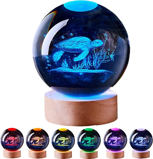 Crystal Ball Lamp with LED Wooden Base, 16 Colors Change & Remote Control Crystal Ball Night Light, Upgraded 3.15 Inch Glass Light, Gift for Kids Wife Girlfriend (sea Turtle)