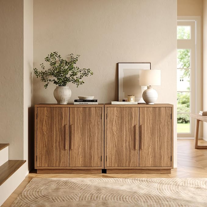 Sideboard Buffet Cabinet, Small Buffet Cabinet with Adjustable Shelf, Modular Wood Credenza Storage Console Table with 2 Magnetic Doors for Entryway, Living Room, Kitchen, Walnut, Brown