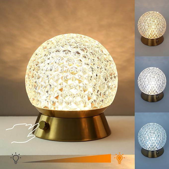 Cordless Table Lamp, Rechargeable Battery Operated Lamp, 3 Color Modes & Stepless Dimmable LED Touch Lamps, Portable Crystal Gold Metal Small Decorative Cute Light for Kids Room, Bedroom