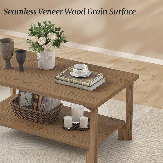 Rectangle Coffee Table, 39" Rectangle Rustic Modern Tea Table, Sofa Table with 2-Tier Storage Shelf for Living Room,Dark Wood