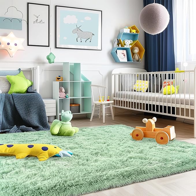 Ultra Fluffy Rug for Living Room Bedroom, 5x7 Fuzzy Large Area Rug for Living Room, Plush Soft Shag Carpet for Girl Boy Kids, Non Slip Rug Modern Indoor Home Decor Aesthetic, Sage Green