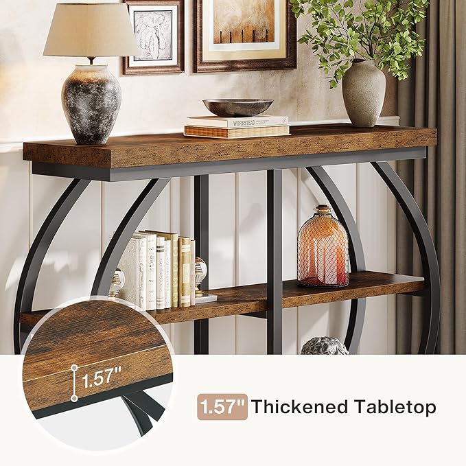 Tribesigns 41.3" Console Table, Industrial 3-Tier Entryway Table with Arched Metal Frame and Storage Shelves for Living Room, Hallway, Rustic Brown