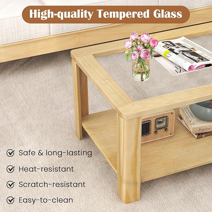 Tangkula 2-Tier Coffee Table, Rectangular Center Table with Tempered Glass Tabletop & Storage Shelf, Farmhouse Wooden Accent Table with Rounded Corners for Living Room (Natural)