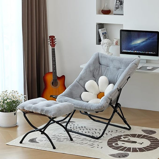 Comfy Folded Chair, Soft Faux Fur Oversized Folding Accent Chair, Flexible Lounge Lazy Chair for Adults Kids, Metal Frame Moon Chair for Dorm Room, Bedroom, Living Room