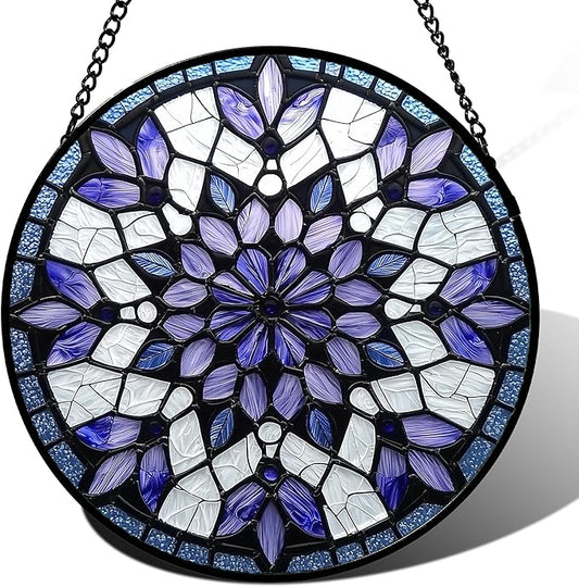 Stained Glass Window Hanging, Purple Blue Tiffany Style Flowers Sun Catcher for Window Door Home Decor Suncatcher Christmas Mother's Day Birthday Gifts for Women Men Mom Nana 11.8 in